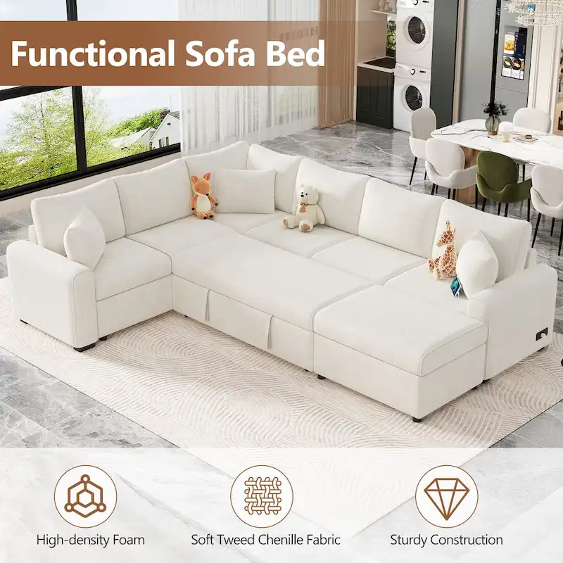 eb009dbae4c7743df323b9d09d95455daffdf1fc375f701414081676d89f3ef8 Chenille Sectional Sofa Pull-out Sofa Bed, L-Shape Sleeper Sofa with Storage Ottoman, 3 Pillows and Charging Devices(Cream)
