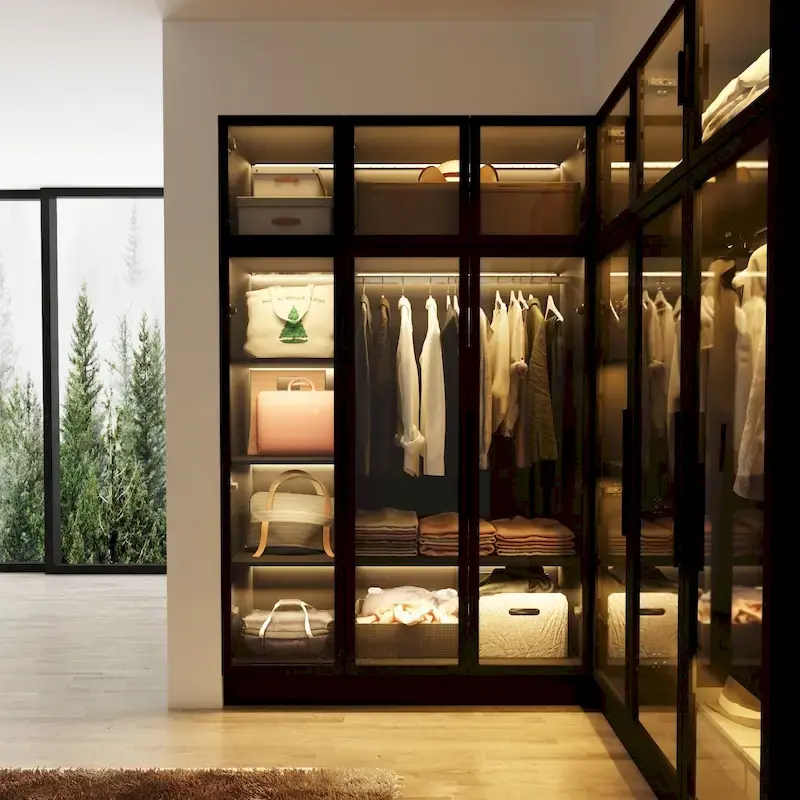 eb2469a6b6a23e90f8fff0d387c52eeabf295a55b126e8e42752cce3754655aa 47.2 Wide Armoire LED Light All Glass Door Closet Cabinet Wardrobe(Black)