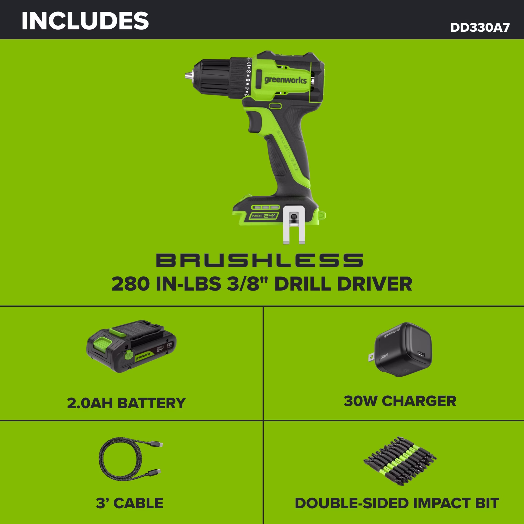 eb2e04c0c9af0e6dbd4f14107e693dd6158aa5a715298775562d1c832548a454 Greenworks PowerAll 24V Brushless 3/8" 280 in-lb Drill, with 2Ah USB-C Battery, DD330A7