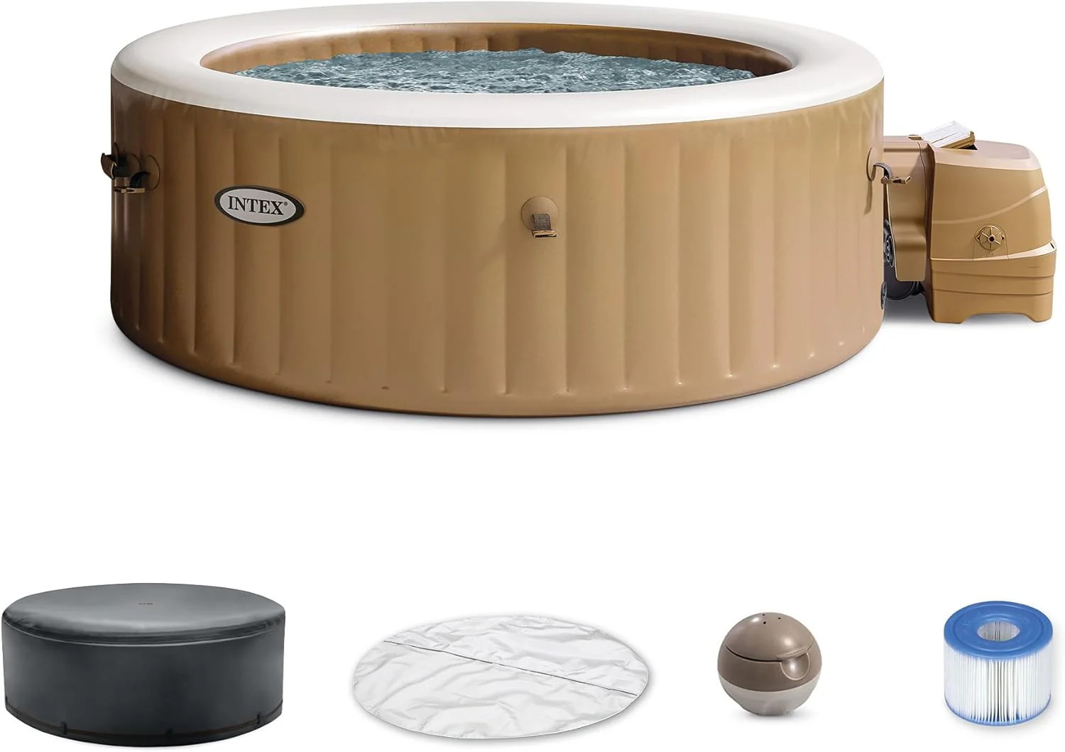 ec796220af633cb653e7f323cc41bd59e6fdc2e5a19d62139f6278ff54acd7c3 INTEX 28425EH PureSpa Bubble Massage Spa Set Outdoor Inflatable Portable Hot Tub(with Energy Efficient Cover/4-Person / Tan - Round)