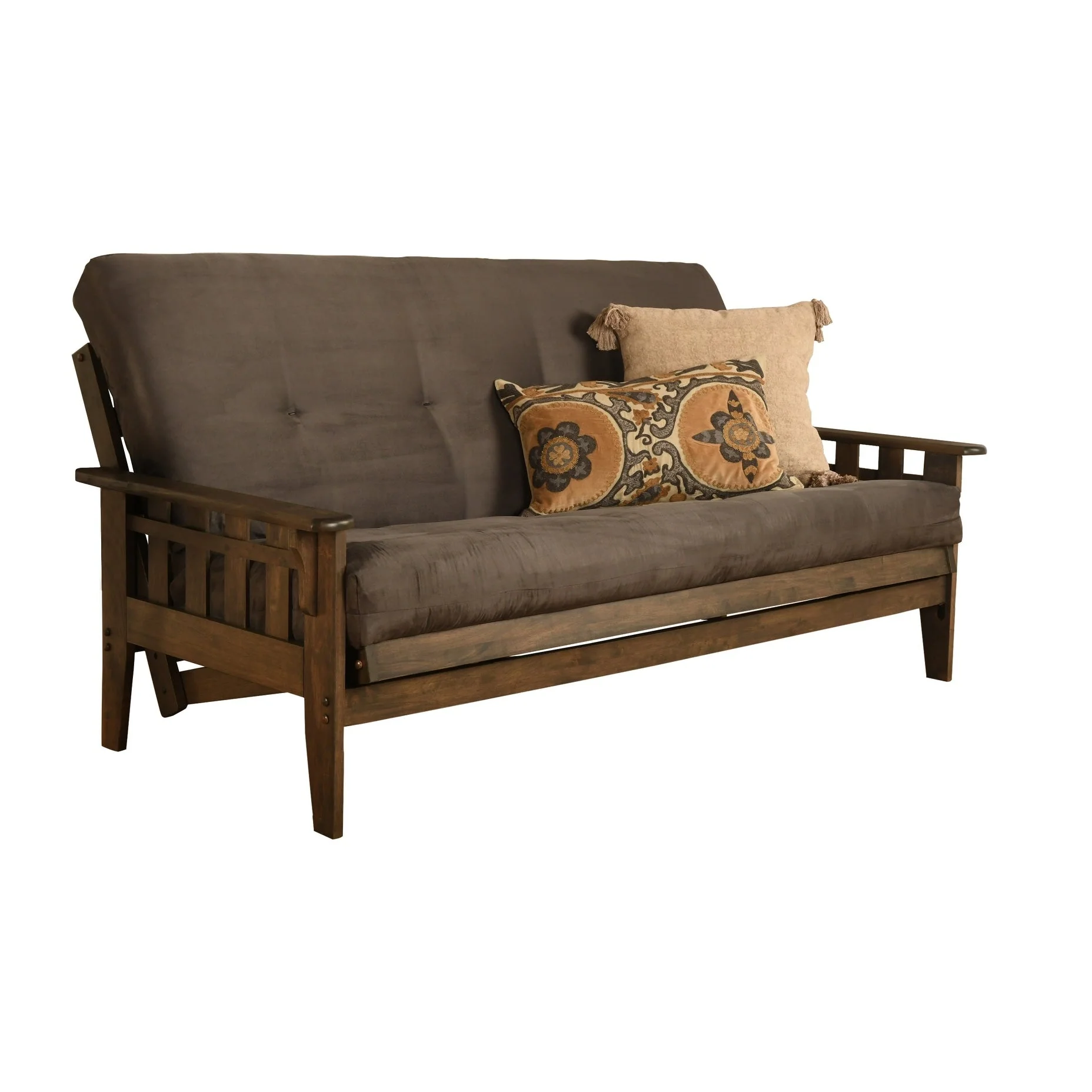 ecc190211767a25105eca77912fd27f254a94eaebebc22936d959d40059bc64e Somette Tucson Full-size Rustic Walnut Futon Set with Mattress(Suede Grey)