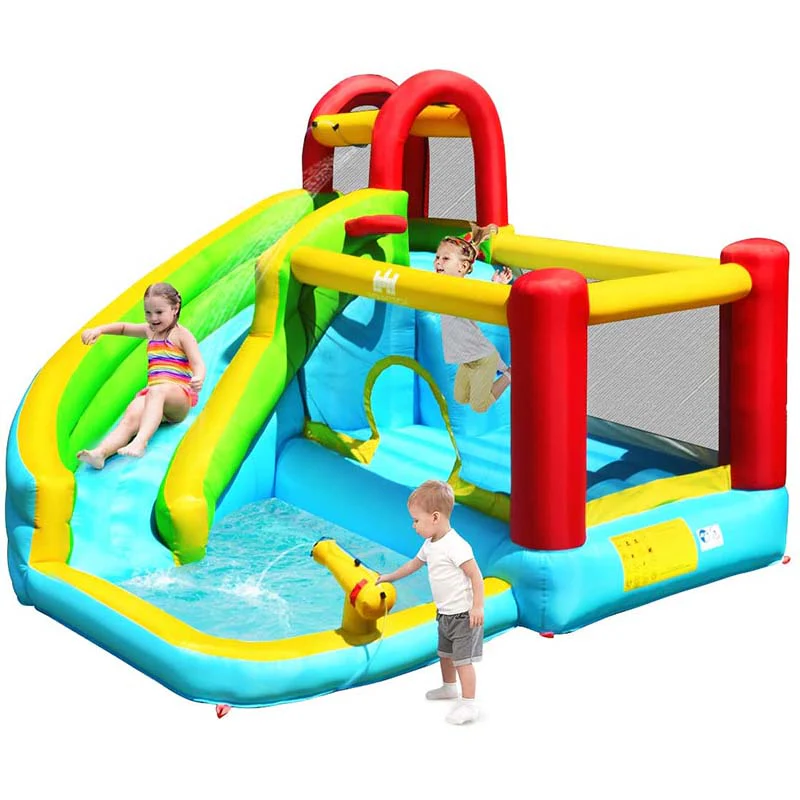 ed92bfef8fd27ea8ea48900019c4ce1a99c66bfb7e05e343a835fb7bd1331196 6-in-1 Kids Inflatable Bounce House Water Park with Trampoline, Splash Pool, Climbing Wall, Water Slide Gun, Basketball Rim