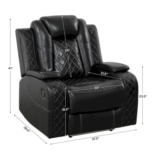 Modern 3-Piece Leather Recliner Sofa Set with LED, Wireless Charging(Black)