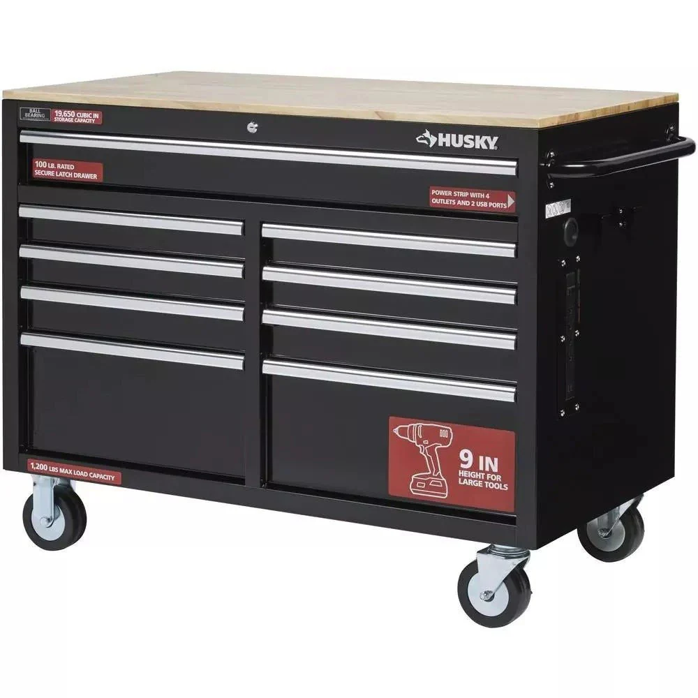 edcc203e30bb13dac2ee051e391c72d78acc40ce8f16e302eacf94d4f9a240ca 46 in. W x 24 in. D 9-Drawer Gloss Black Deep Tool Chest Mobile Workbench