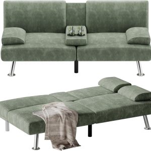 Flamaker Futon Sofa Bed Modern Folding Futon Set Convertible Recliner Lounge for Living Room with 2 Cup Holders, Removable Armrests (PU Leather, Black)(Green/Corduroy)