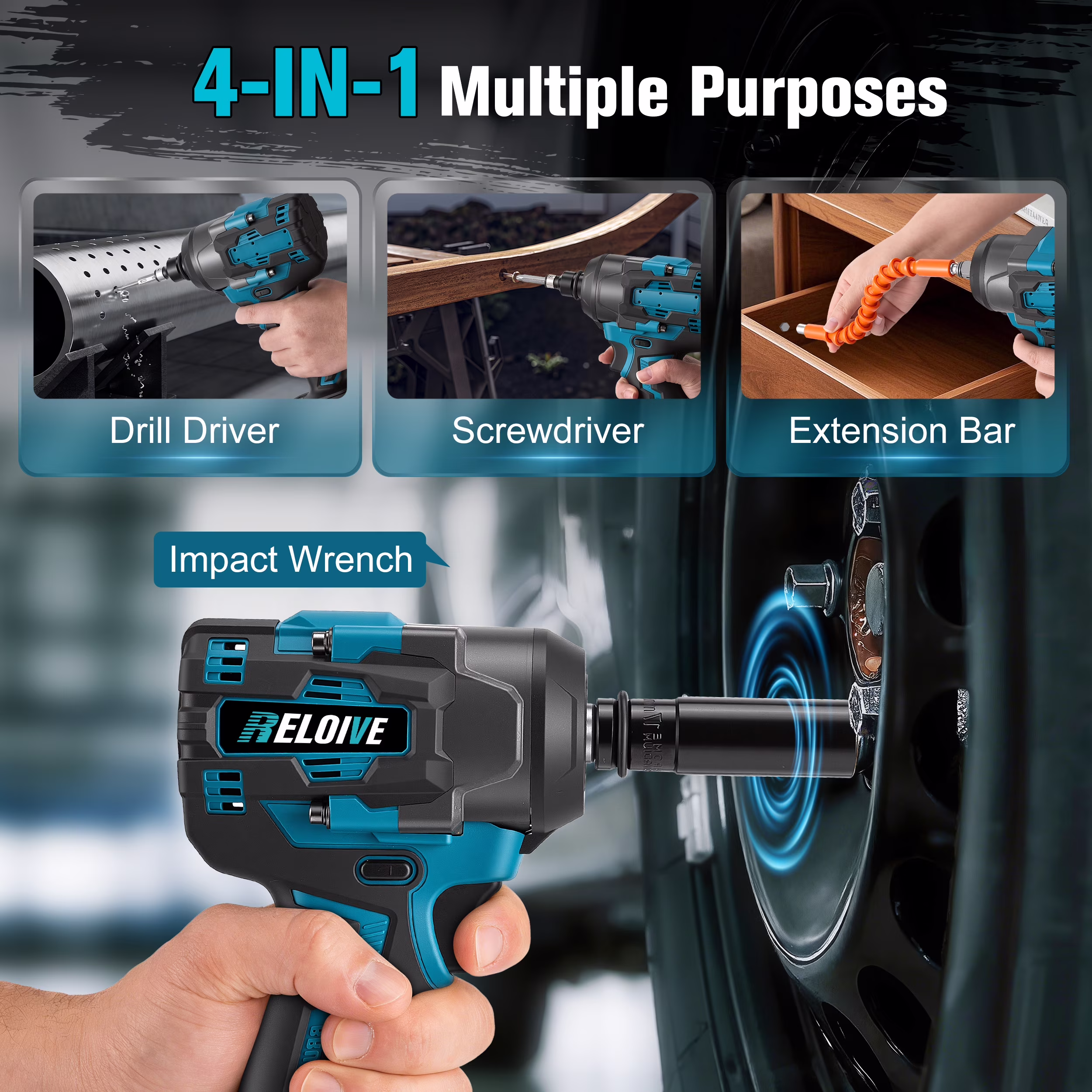 ee8691e9973325ba847c2b94d559c19a261a8754859095fc1e0448a14718842a RELOIVE Cordless Impact Wrench Kit,663.8 FT-lbs(900N.m) Max Torque,1/2" Heavy-Duty Brushless Motor,4-IN-1 Electric Impact Driver,2 x 4.0Ah Batteries for Car Home Repair