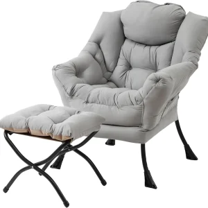 Welnow Lazy Chair with Ottoman, Modern Accent Chair with Armrests and a Side Pocket, Leisure Sofa Armchair, Reading Armchair with Footrest for Small Space, Dark Grey(Plush Pink)