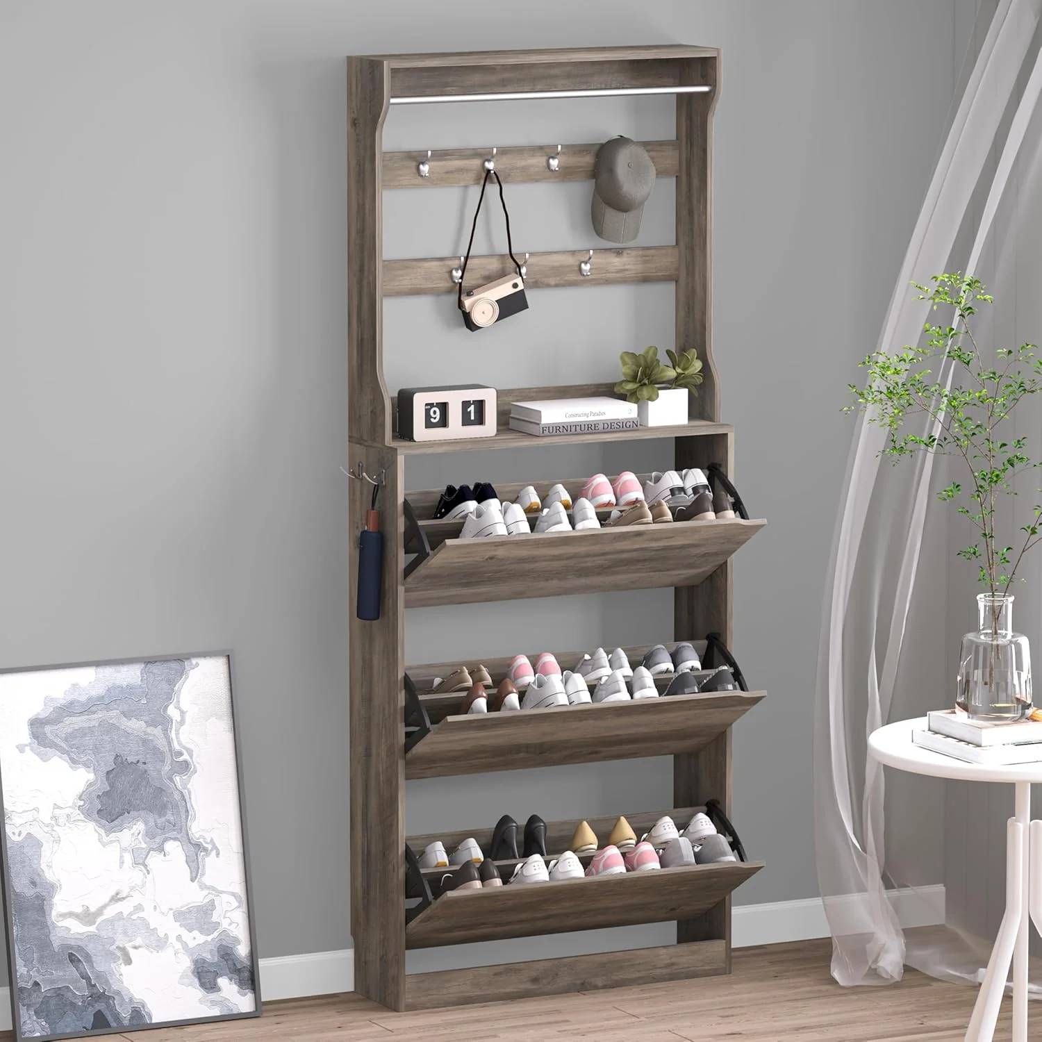 eebb67333df0d5cc8b32f8e66e1f15461bd847e34f7fe48dafc6bdd84d61b77e Shoe Cabinet with 3 Flip Drawers, Hidden Wood Shoe Cabinet,Freestanding Shoe Storage Cabinet(3-Drawer with Rack/Grey)
