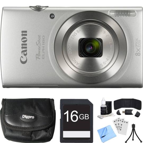 nutrigardens Canon PowerShot Elph 180 20MP 8x Optical Zoom Silver Digital Camera 16GB Card Bundle
