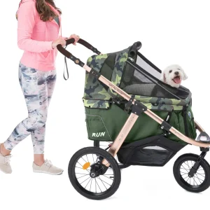 Jogging Sports Stroller with Comfort Rubber Wheels/Zipper-Less Entry/1-Hand Quick Fold/Aluminum Frame for Small/Medium Dogs, Cats and Pets (Green Camo)(Camo Green)