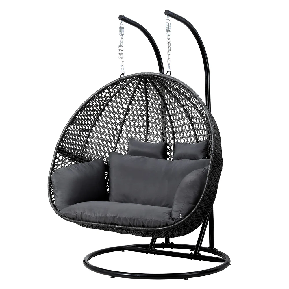 ef4c55f4c3ff99a21c6f7eab358ed2b11a1efef9e3261ca501a7716156f7245b Gardeon Outdoor Egg Swing Chair Wicker Furniture Pod Stand Cushion 2 Seater Grey