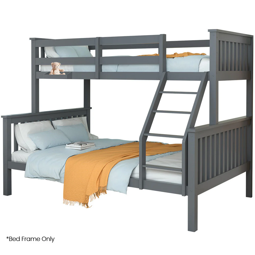 ef4c776d37a6136af33946c05c3358a9071e92f56f9e9374641244c41afd7a4e Kingston Slumber Bunk Bed Triple Wooden Single Over Double Beds for Kids, Solid Pine Wood, Convertible Design, Grey