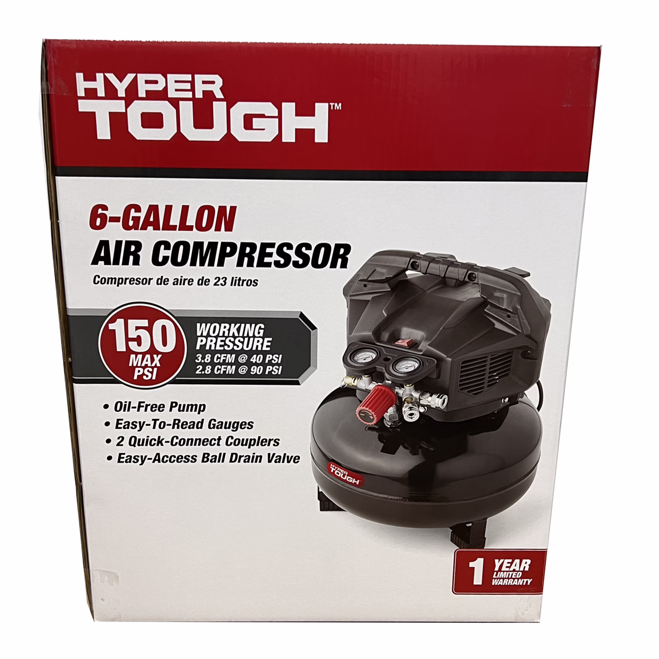 ef6b597cb492de50eb0d42dcc982cdd5ec5ac37b16090d60eea8197e4e8aa57b Hyper Tough Black 150 PSI Oil-Free Pancake Air Compressor 6 gal