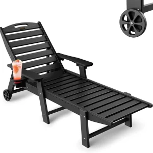 Lounge Chair Outdoor, Chaise Lounge, HDPE 6-Position Outdoor Chaise Lounge, Patio Lounge Chair with Wheels Cup Holder for Pool Poolside Deck Backyard, Teak(1/White)