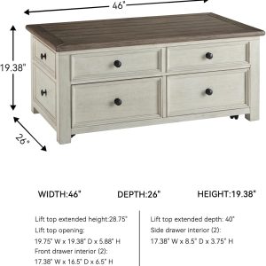 Ashley Bolanburg Lift Top Coffee Table with Drawers, Antique Cream  Brown