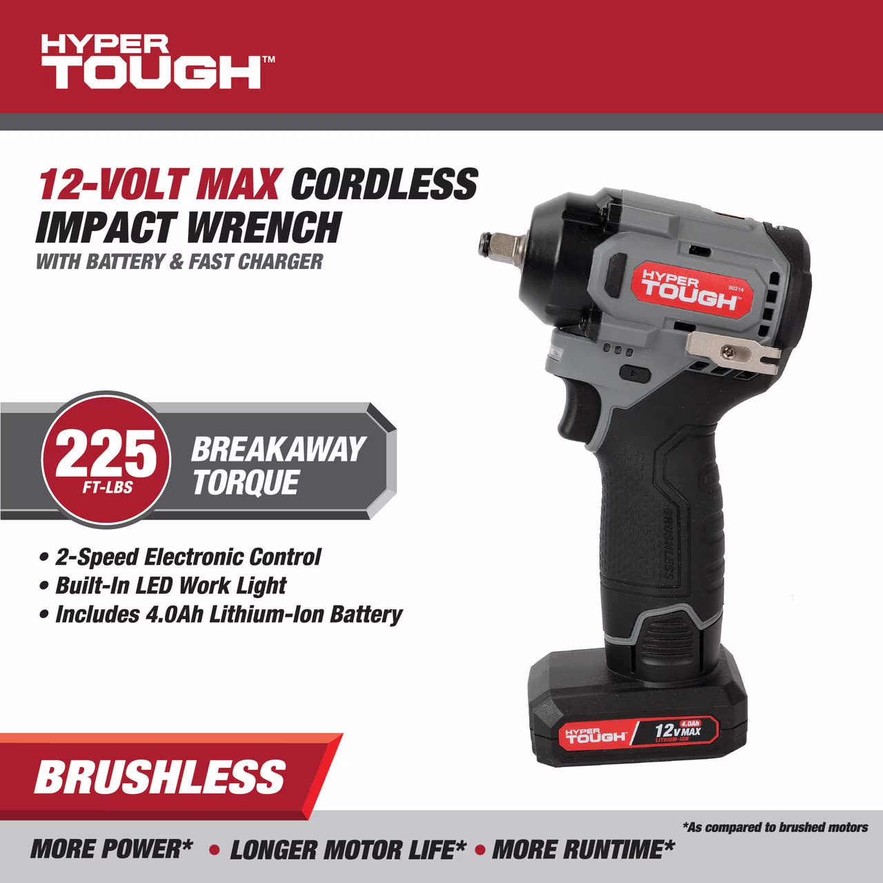 f016425a35b82dcf3e908ce1e00f4a792b16740b0221e72bf88ed127cdd0cc10 Hyper Tough 12V Max Cordless Brushless Impact Wrench with 4.0Ah Lithium-Ion Battery and Charger, 225 ft-lbs Torque