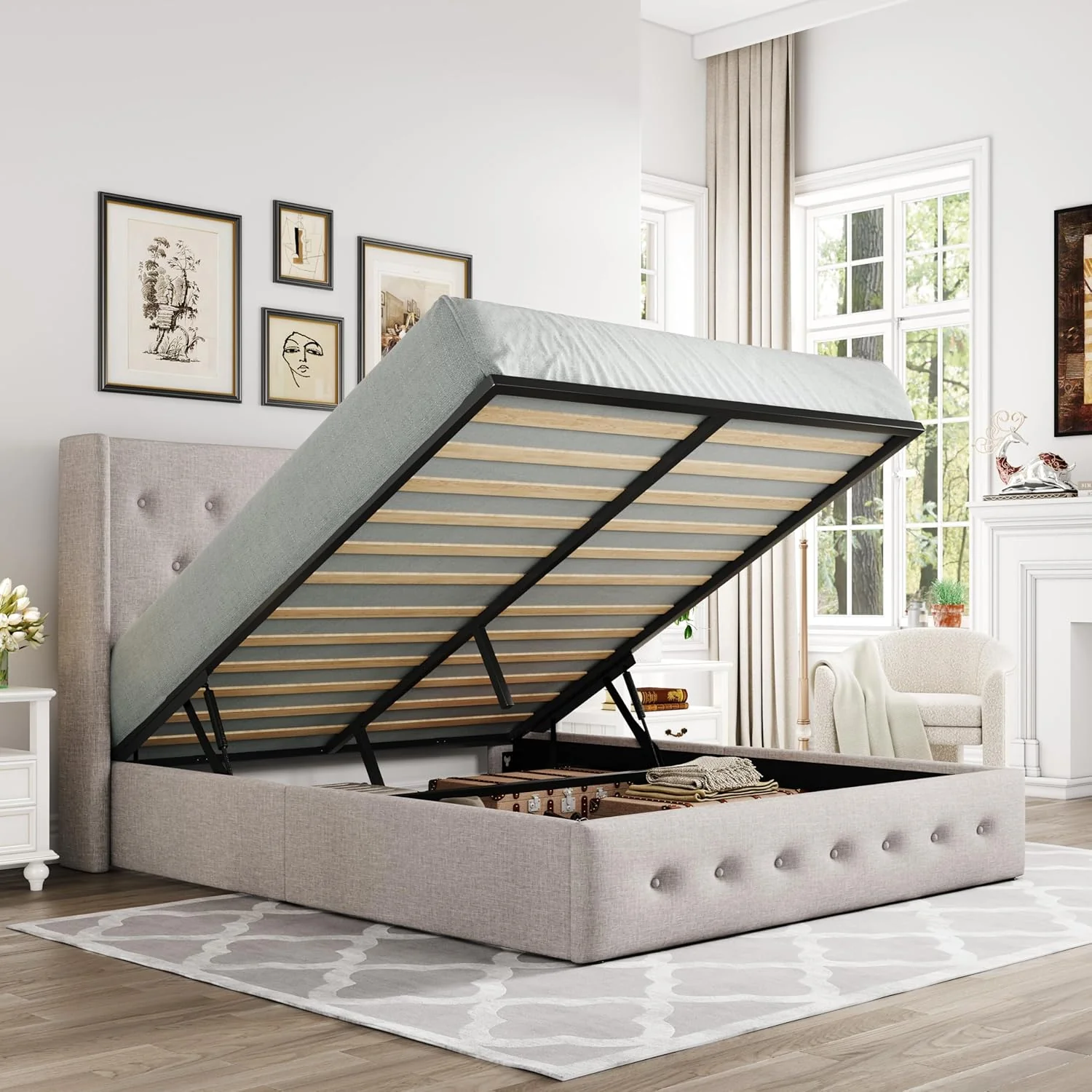 f026630416aad75576b11431ba3c1026874e54673828f7eae5707a8362ae7189 Queen Size Lift Up Storage Bed, Modern Wingback Headboard, Hydraulic Support, No Box Spring Needed, Light Beige(Queen/Modern/Light Grey)