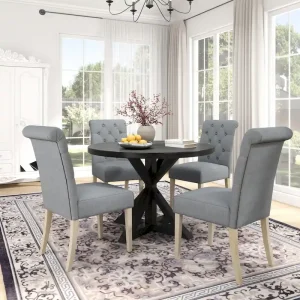 5 Piece Dining Table Set, Wooden Kitchen Furniture Set, Round Table with Cross-Buck Pedestal Base and 4 Tufted Chairs(Black,gray)