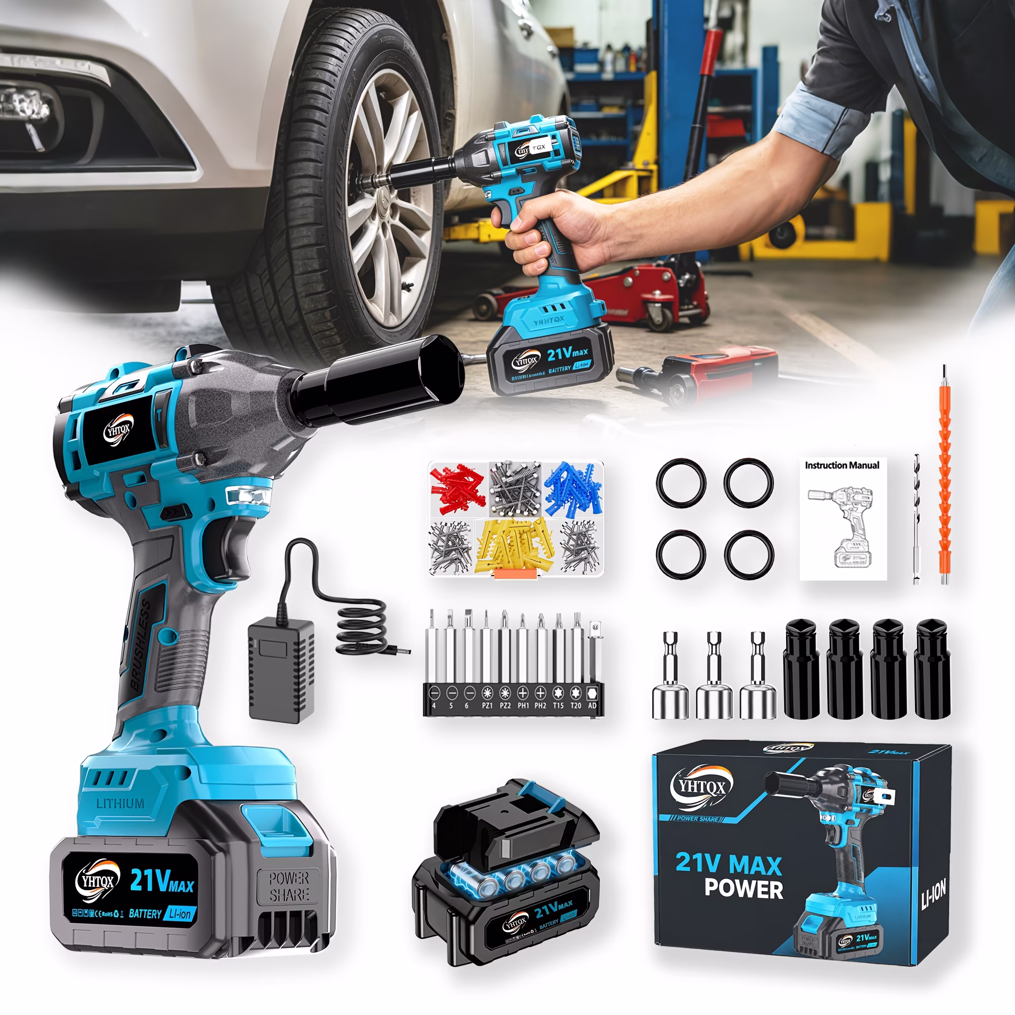 21V Cordless Brushless Impact Wrench, Rechargeable Lithium Electric Impact Driver Kit with Complete Accessories, Portable Power Tool for DIY Home & Auto Maintenance