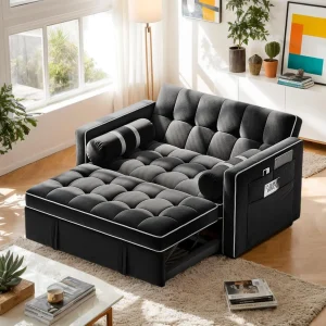 Pipishell 3 in 1 Convertible Sleeper Sofa Bed,Pull Out Couch for Living Room with USB Ports  Side Pockets,Adjustable Backrest,Velvet,Loveseat Sofa Bed,Futon Couches,Black(Black Velvet)