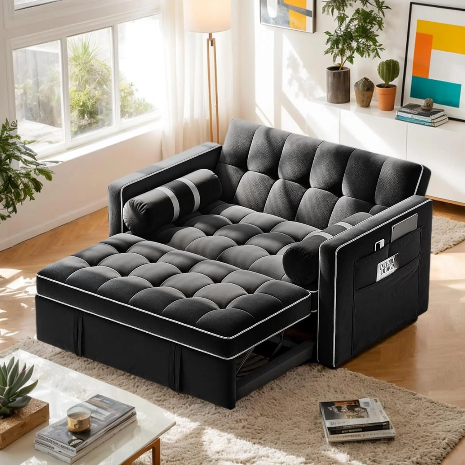 f2976073cb90af4fb2f206057ffb266c8da79a9646f6b478af4445b32cf8f6ac Pipishell 3 in 1 Convertible Sleeper Sofa Bed,Pull Out Couch for Living Room with USB Ports Side Pockets,Adjustable Backrest,Velvet,Loveseat Sofa Bed,Futon Couches,Black(Black Velvet)