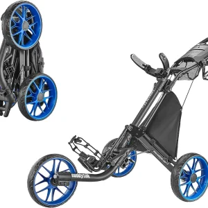 3Wheel Golf Push Cart - Golf Trolley Foldable Collapsible Lightweight Pushcart with Foot Brake - Easy to Open  Close(blue)