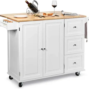 Giantex Kitchen Island Cart, Large Trolley Cart w/ Drop-Leaf Tabletop, Large Cabinet, 3 Drawers, Spice Rack, Towel Rack, Rolling Serving Trolley Cabinet(White)