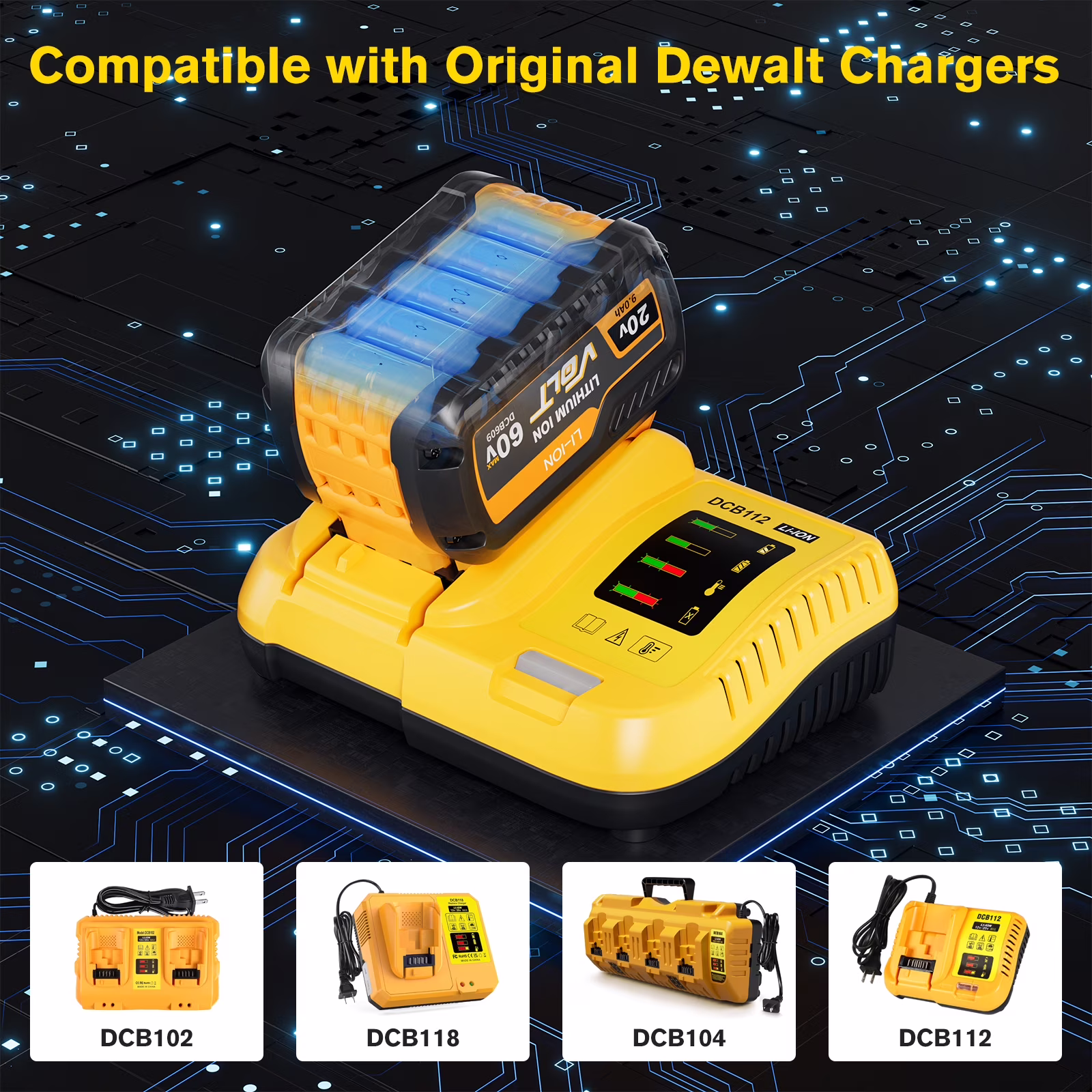 f3bcdda2e8a15eefc551447b37f6c2dc94fa3bebe454f005d894807ac7cf43ba 2 Pack 20v/60v 9Ah DCB606-2 DCB609-2 Battery for Dewalt 20v 60v Max 9Ah DCB609 6Ah DCB606 Flexvolt Battery 20V Max XR 8Ah DCB208-2 6Ah DCB206-2 5Ah DCB205-2 4Ah Lithium-ion Battery with 1 Charger