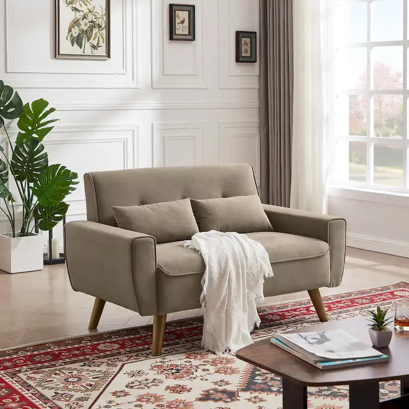 f488eb18394bd6aa2ea522aa734c92611301d6041603e4ff934a7fc8fedcb22b 48.82 Small Tufted Loveseat Sofa with 2 Pillows and Tapered Wood Legs(Dark Grey)