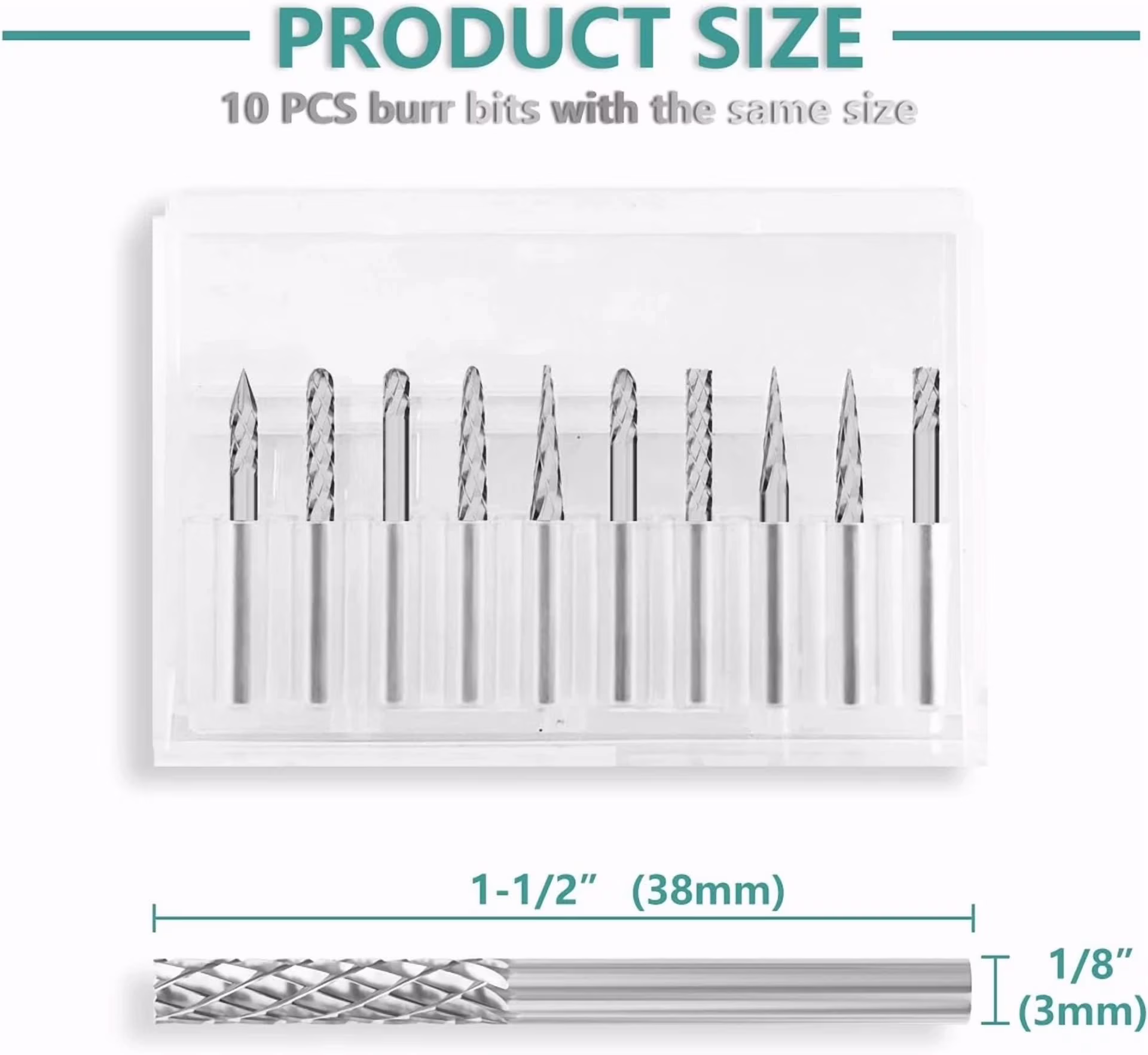 KNACK - Carbide Burr Set Die Grinder Bit, 10Pcs 1/8" Shank Double Cut Carbide Rotary Bur