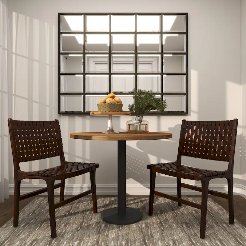 f4cc99cea09f67a28f98772203349792160366d2c6bd8a72046b81ef893f01fa Leather Handmade Woven Dining Chair with Teak Wood Frame - Set of 2 Brown, White or Black- Roche River Decor(Brown)