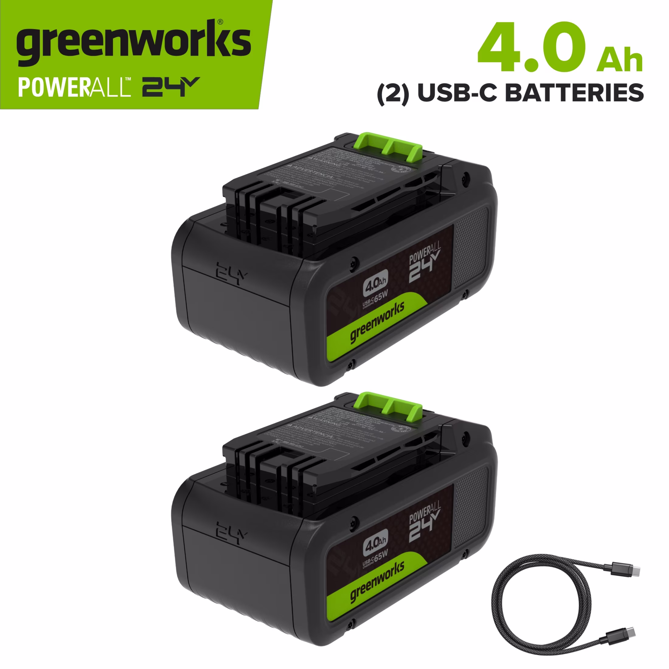 Greenworks PowerAll 24V Battery 2-Pack, (2) 4.0Ah Battery and Cable, K2D8NNAA3