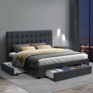 the Avio Bed Frame is also padded with high density foam and upholstered in premium faux linen fabric for a soft and comfortable touch. The Bed Frame features a wooden arched slat base that helps to distribute weight evenly across the frame and a centre support strut to provide added stability to the overall structure.Of particular interest is the tufted headboard that really gives the Bed Frame a designer-class status. Simply oozing with elegance and sophistication in every detail. What's more