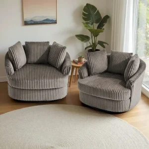 2 Set Oversized 43 W Plush Corduroy Swivel Barrel Chair with Pillows(Dark Camel)