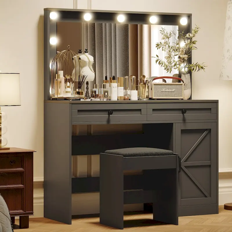 f55f2efebe4450c457fd11b295f75157cd3422a690d7290faad8ffd043118c8e Roomfitters Farmhouse Makeup Vanity with Lights, Vanity Desk with Barn Door, 2 Drawers Makeup Table with Lighted Mirror(Black)