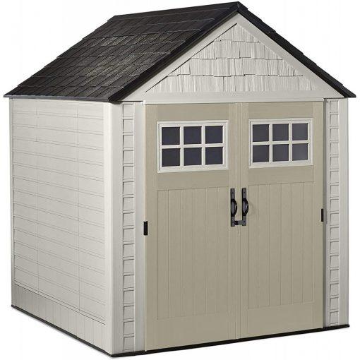 f5833bae2bd0f791fc0fe9783e41caa80bdf78fed75ccb9ee179ce4d92555cc2 Rubbermaid 7¡Á7 Ft Durable Weather Resistant Resin Outdoor Garden Storage Shed with Windows and Utility Hooks, Sand