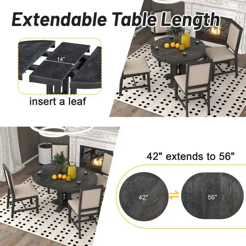 f5d7888386bce2edb81d4663d75289b8cbf90be365d732760cfb734236288e5b 5-Piece Dining Set Extendable Round Table and 4 Upholstered Chairs Farmhouse Dining Set for Kitchen, Dining Room(Natural Wood Wash)