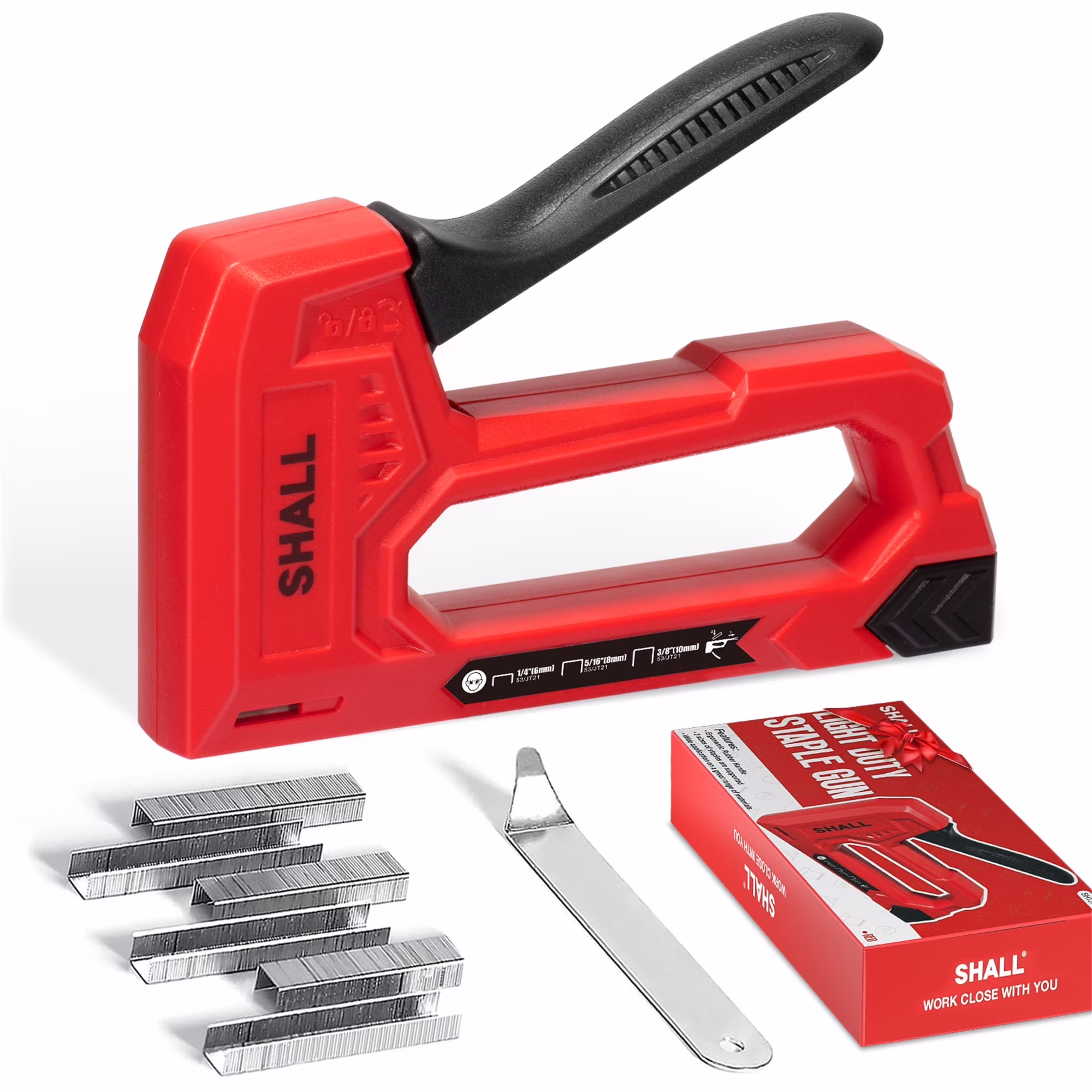 SHALL Light Duty Staple Gun for Wood - Red Upholstery Staple Gun with 1600pcs JT21 Staples 1/4, 5/16, 3/8 inch and Staple Remover - Fabric Stapler Gun for Crafts, DIY, Decoration