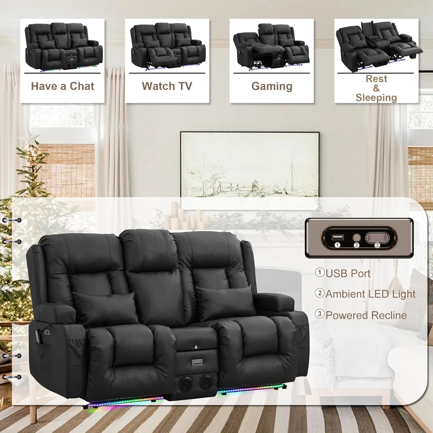 f6b8d4c4f31655cbde03faf52ec85007c2f429cecea34040e89cf0534c127f2b TUNYI Power Loveseat Recliner Sofa with Massage Heat Home Theater Seating with Console Electric Recliner RV Sofa with USB/Outlet/Storage/Side Pocket/LED Light/Speaker (Brown, Loveseat)(3 Seat/Blue)
