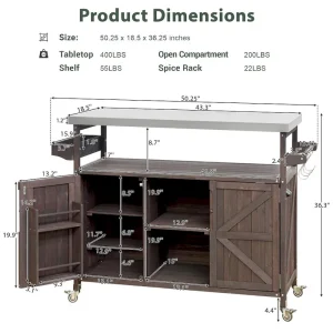 Outdoor Kitchen Island, Rolling Bar Cart Storage Cabinet,Solid Wood Grill Table with Stainless Steel Top,Spice Rack,Towel Rack(Dark Brown)