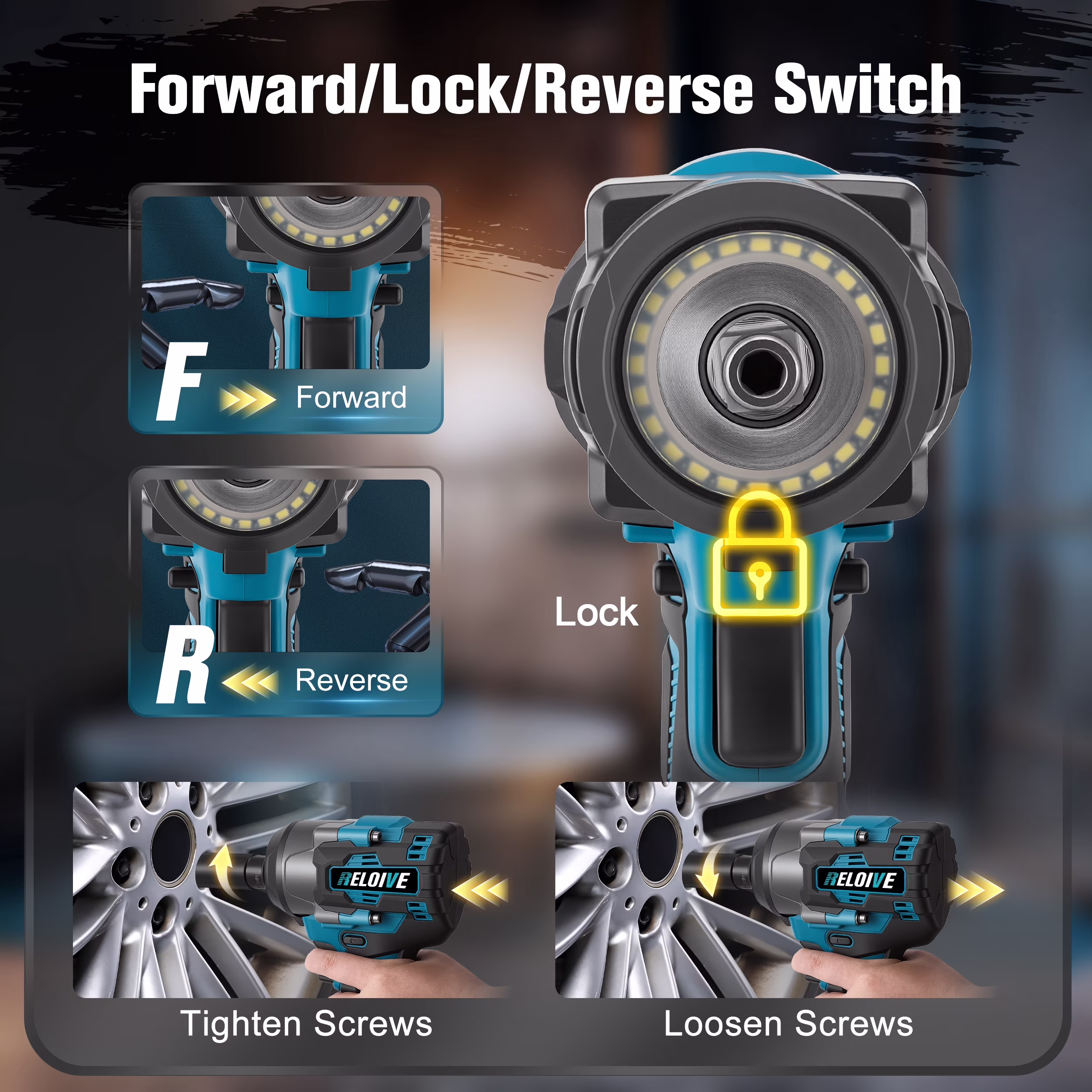 f73eef8030a88bb84b32f2ffdfff94e790be1b513113f3da7112a12fd82f926b RELOIVE Cordless Impact Wrench Kit,663.8 FT-lbs(900N.m) Max Torque,1/2" Heavy-Duty Brushless Motor,4-IN-1 Electric Impact Driver,2 x 4.0Ah Batteries for Car Home Repair