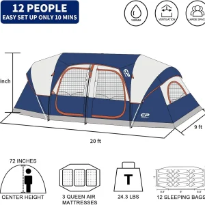 CAMPROS CP Tent 12-Person-Camping-Tents,3 Room Family Tents,Waterproof Windproof Family Tent with Top Rainfly,6 Large Mesh Windows,Double Layer,Easy Set Up, Portable with Carry Bag-20' x 9' x 72