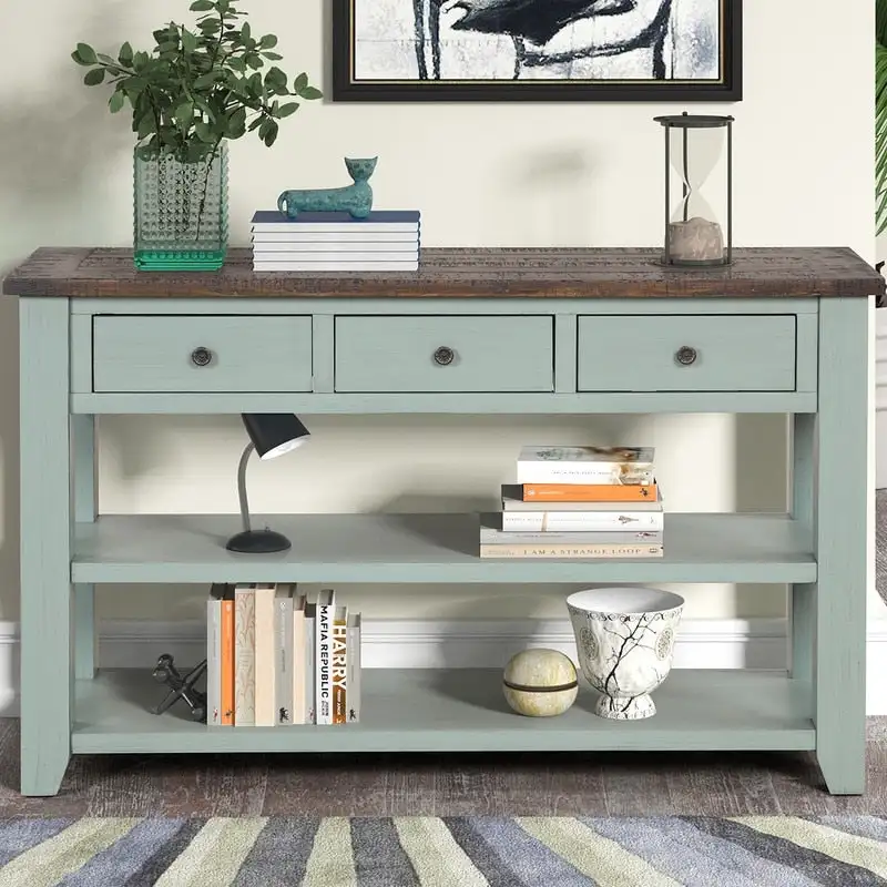 f7db9d43ffb885769cfc8d2a86c3513748d0f412a3156ba5f82efb9ff96c7bbf Wood Console Table with 3 Storage Drawers and 2 Shelves(Green)
