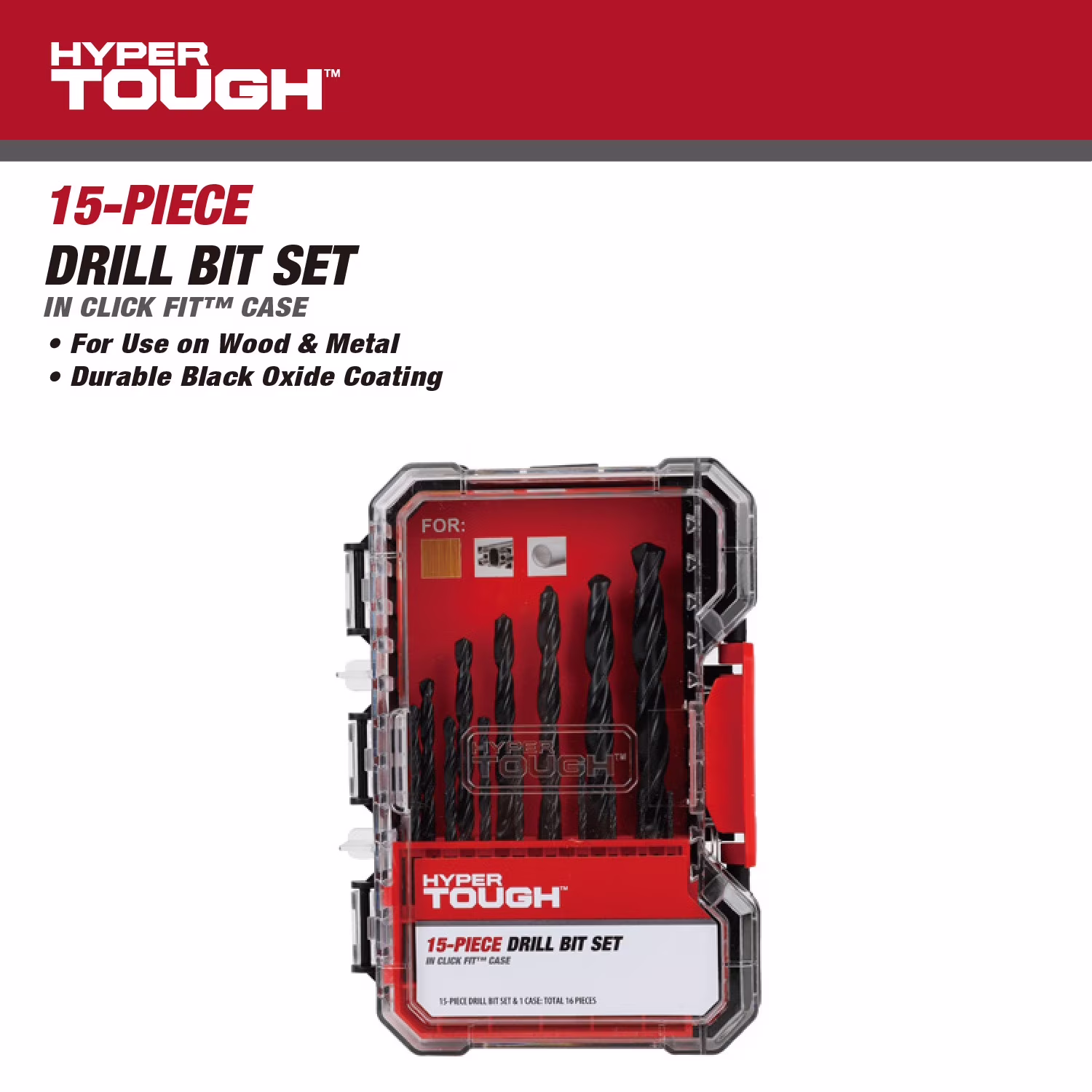 Hyper Tough 15-Piece Black Oxide Drill Bit Set in Click Fit Case