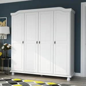 Palace Imports 100% Solid Wood Kyle 4-Door Wardrobe Armoire with Solid Wood or Mirrored Doors(White)