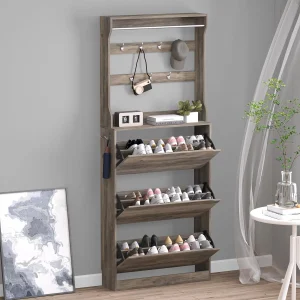 Shoe Cabinet with 3 Flip Drawers Hidden Wood Shoe Cabinet Freestanding Shoe Storage Cabinet(Grey/3-Drawer with Rack)