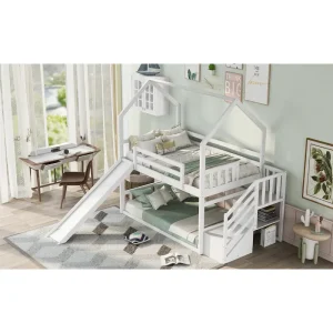 Twin over Twin House Bunk Bed with Convertible Slide,Storage Staircase can be Placed Left or Right,Gray(N/A)