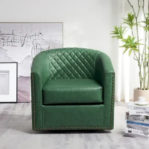 KINWELL 29 Wide Tufted PU Leather Swivel Barrel Chair(Black)