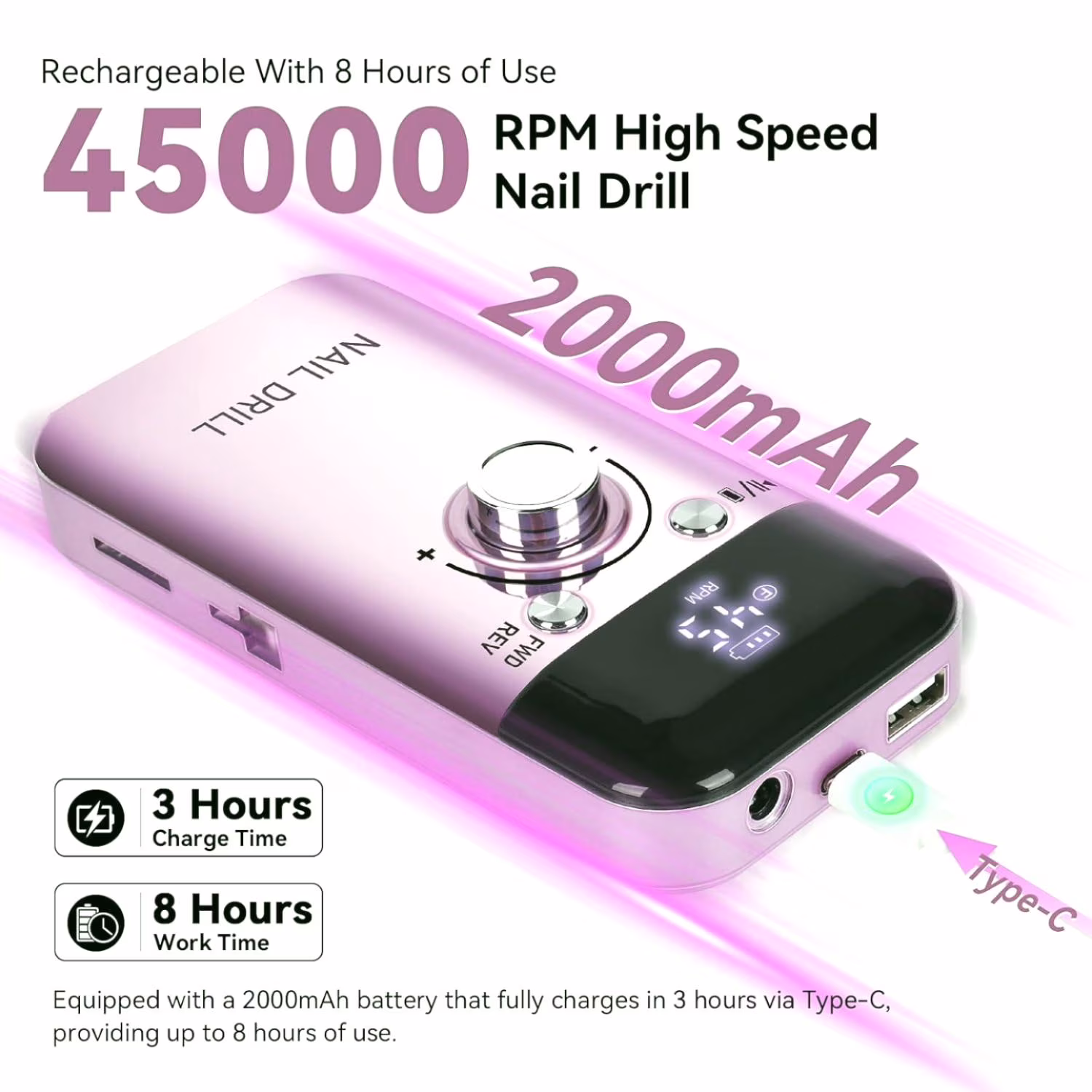 IDFINE Electric Nail Drill Professional 45000RPM, Rechargeable Nail Drill Kit Portable Electric Nail File for Acrylic Nails Gel Polishing Removing Nail Drill Machine for Manicure Salon Home
