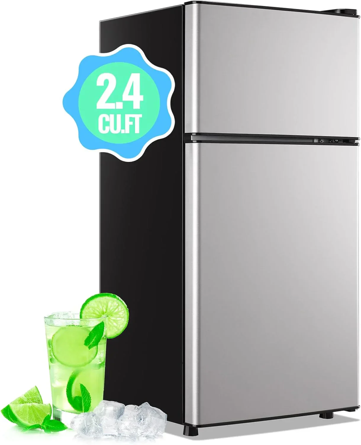 f98071d4d799b8509d94d5290c0aa61170d872702d45237dc44980a65d12272b 2.4 Cu.Ft Mini Fridge with Freezer Double Door Small Tiny Size Refrigerator with 7 Control Knob(SILVER)